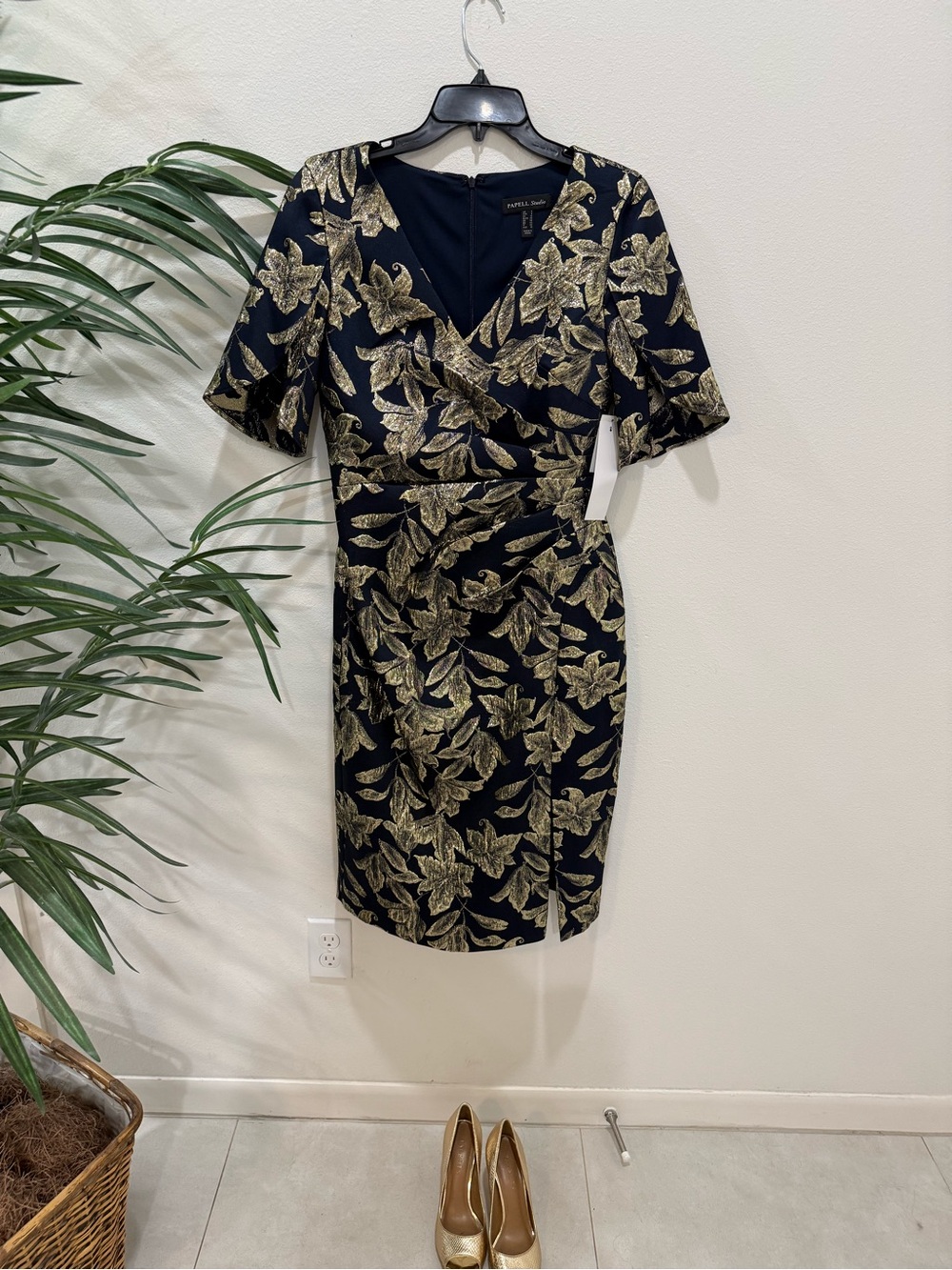 Papell Studio Black Midi Dress with Gold Leaf Print